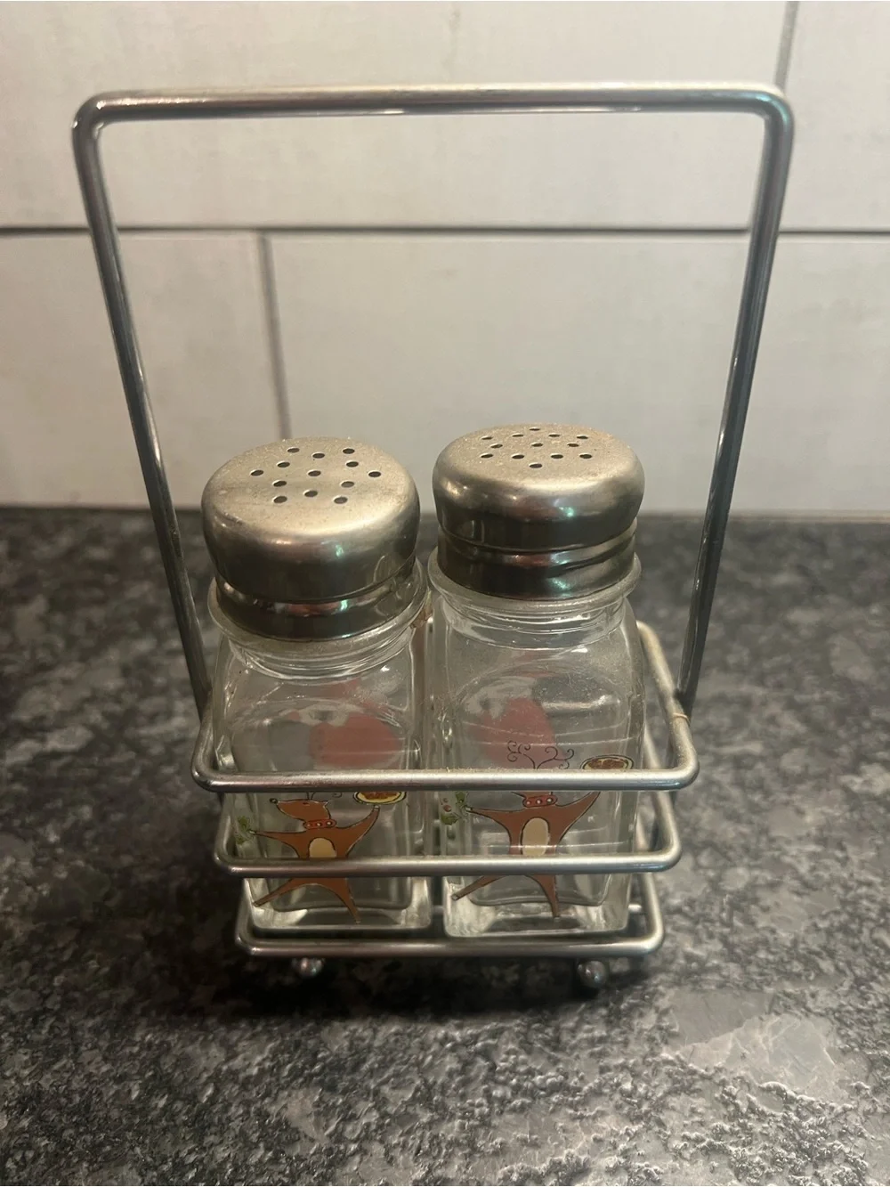 Vintage Holiday Snowman & Santa Glass Salt and Pepper Shakers - Red Accents